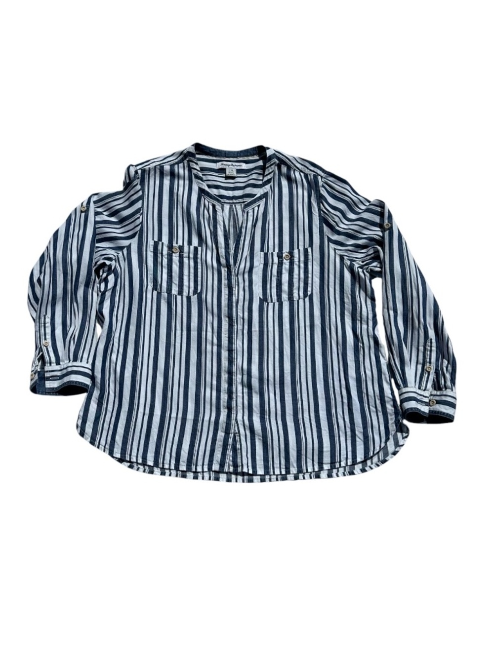 Tommy Bahama Striped Tencel Lyocell Blouse Blue White Large L Roll Tab